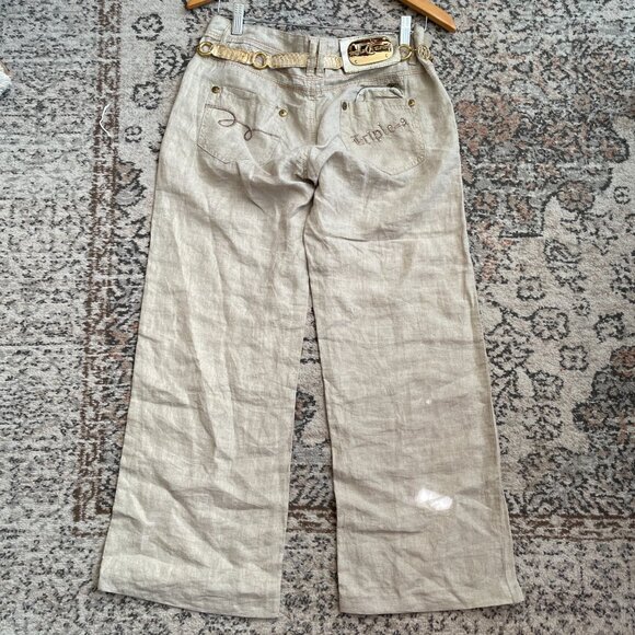 Vintage Womens Wide Leg Pants Beige Size 42 Triple=A Gold Belt Boho Lagenlook - Picture 16 of 16